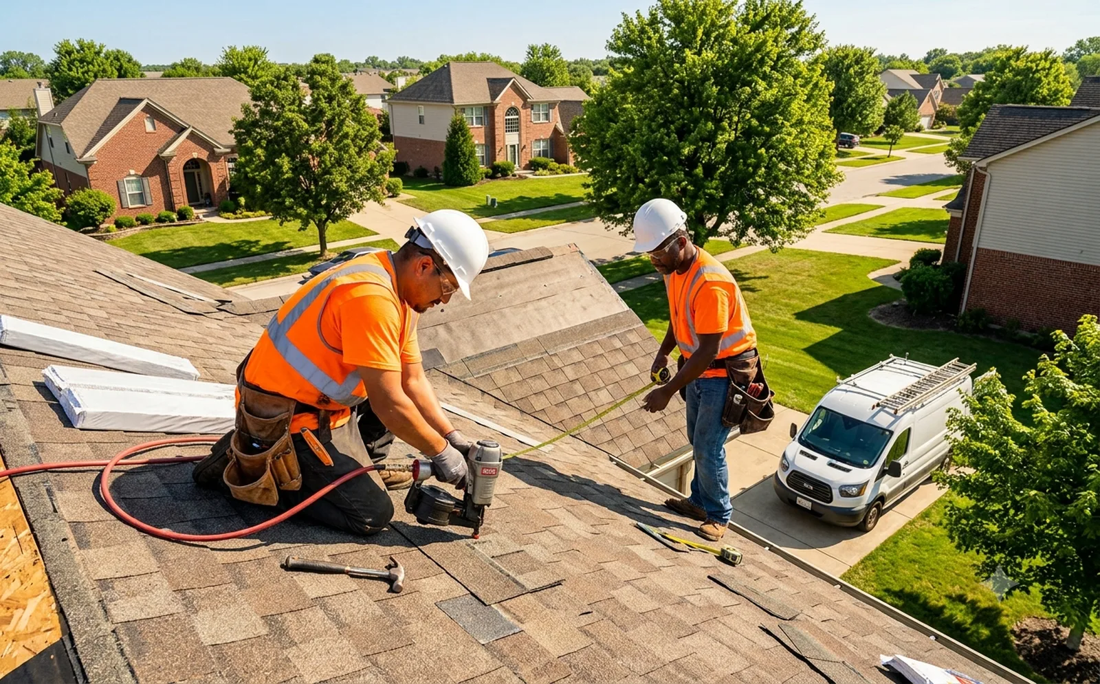 Roofing contractors installing architectural shingles on a residential roof in Dalton, Georgia