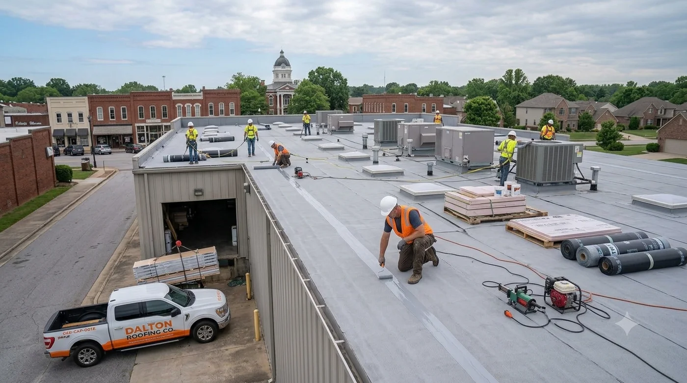 Roofing crew installing membrane roofing on a large commercial building rooftop in Dalton, GA