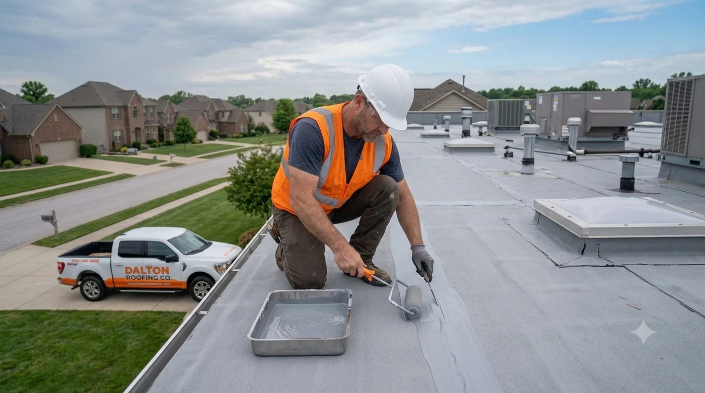 Roofing technician working on a metal and flat roofing installation in Dalton, GA