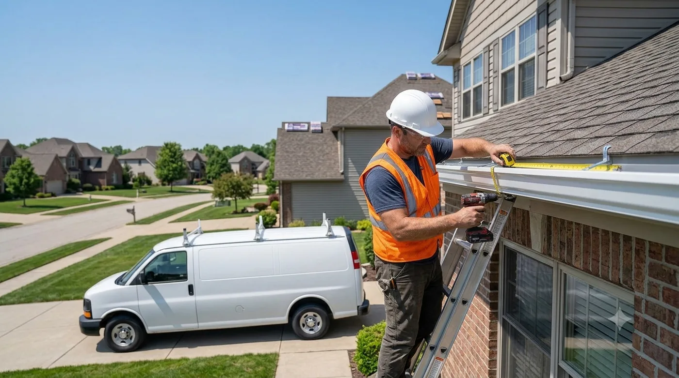 Technician installing seamless gutters on a residential home in Dalton, GA