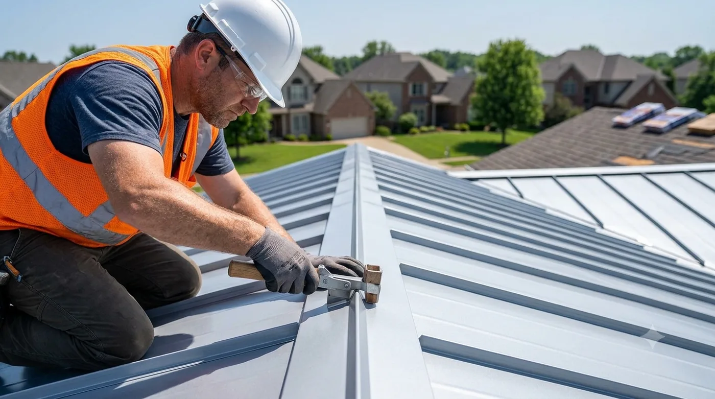 Roofing technician installing a standing seam metal roof panel in Dalton, GA