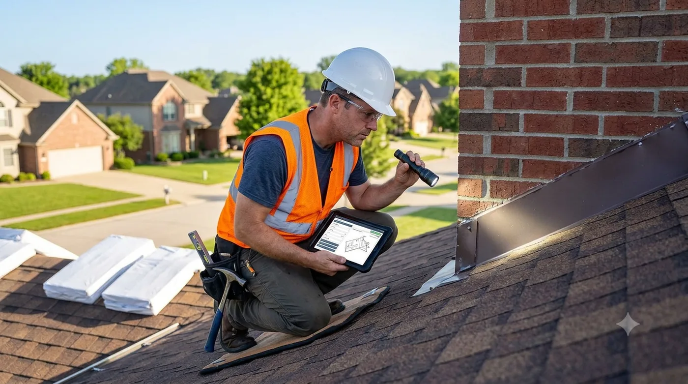 Roofing inspector examining chimney flashing during a roof inspection in Dalton, GA