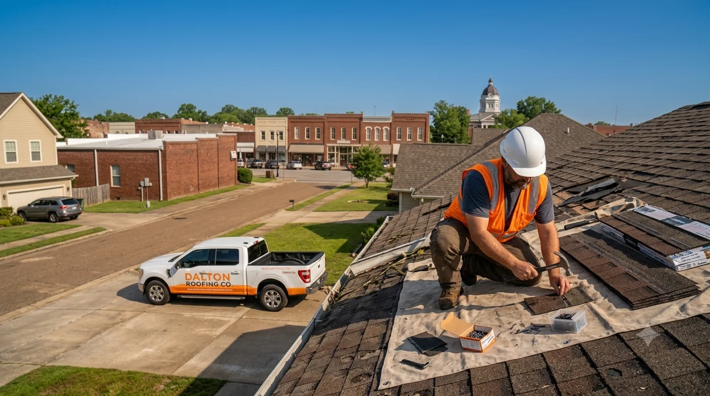 Roofing technician patching and re-nailing damaged shingles during a repair visit in Dalton, GA