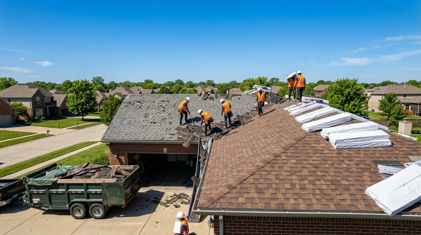 Roofing crew tearing off old shingles and installing new shingles during a roof replacement in Dalton, GA