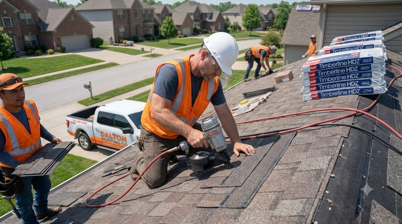 Roofing crew installing new architectural shingles during a shingle replacement project in Dalton, GA