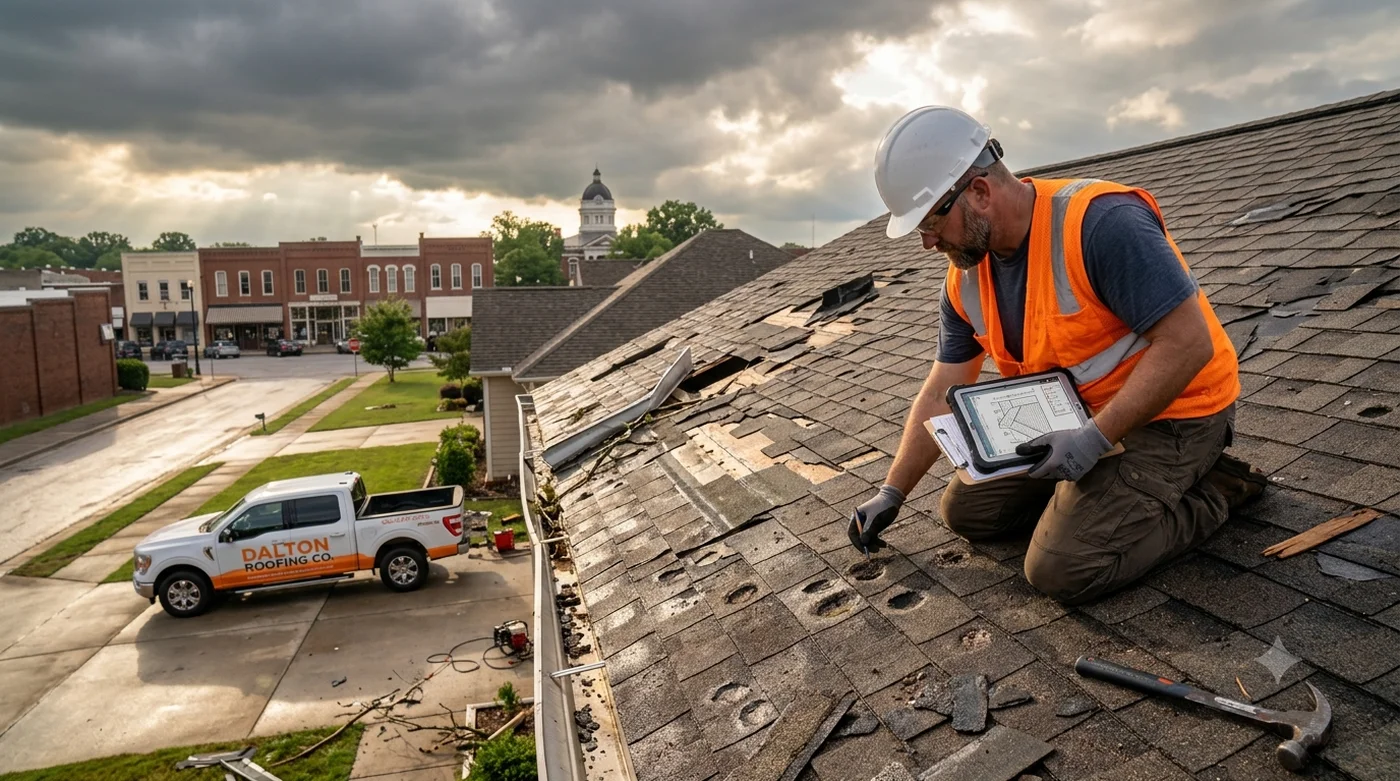 Roofing technician assessing hail and wind storm damage on a residential roof in Dalton, GA