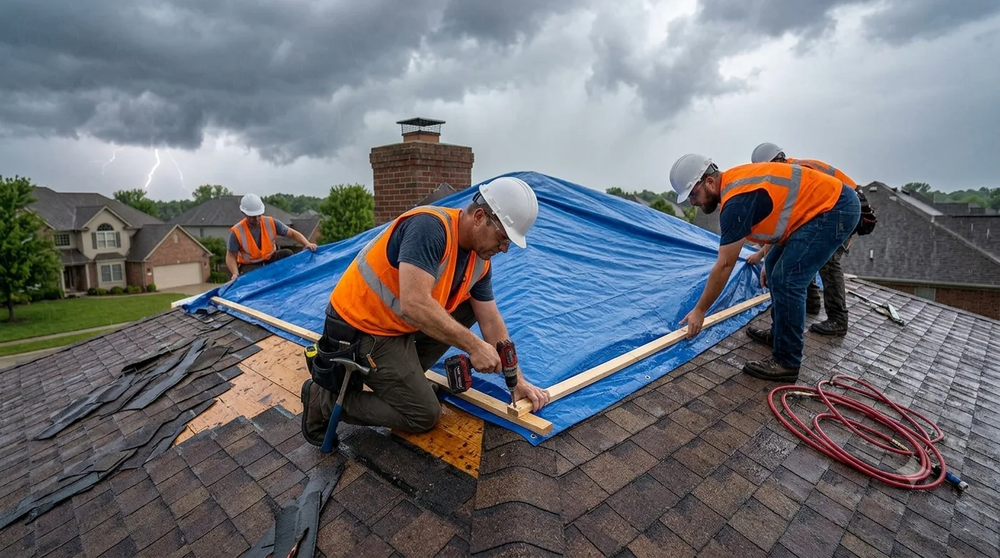 Roofing crew working on a residential roof near Ringgold, GA